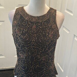 JKARA Black Sleeveless Womens Top w/ Gold/Copper/Bronze Beading Sz Med